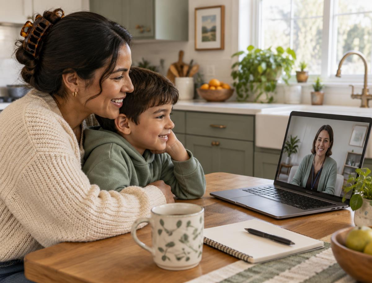 A mother and her son attending a friendly video appointment together from their kitchen table
